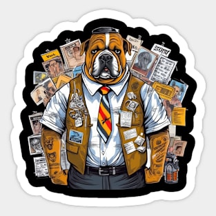 Accountant English Bulldog t-shirt design, a bulldog wearing a name tag and holding a clipboard Sticker